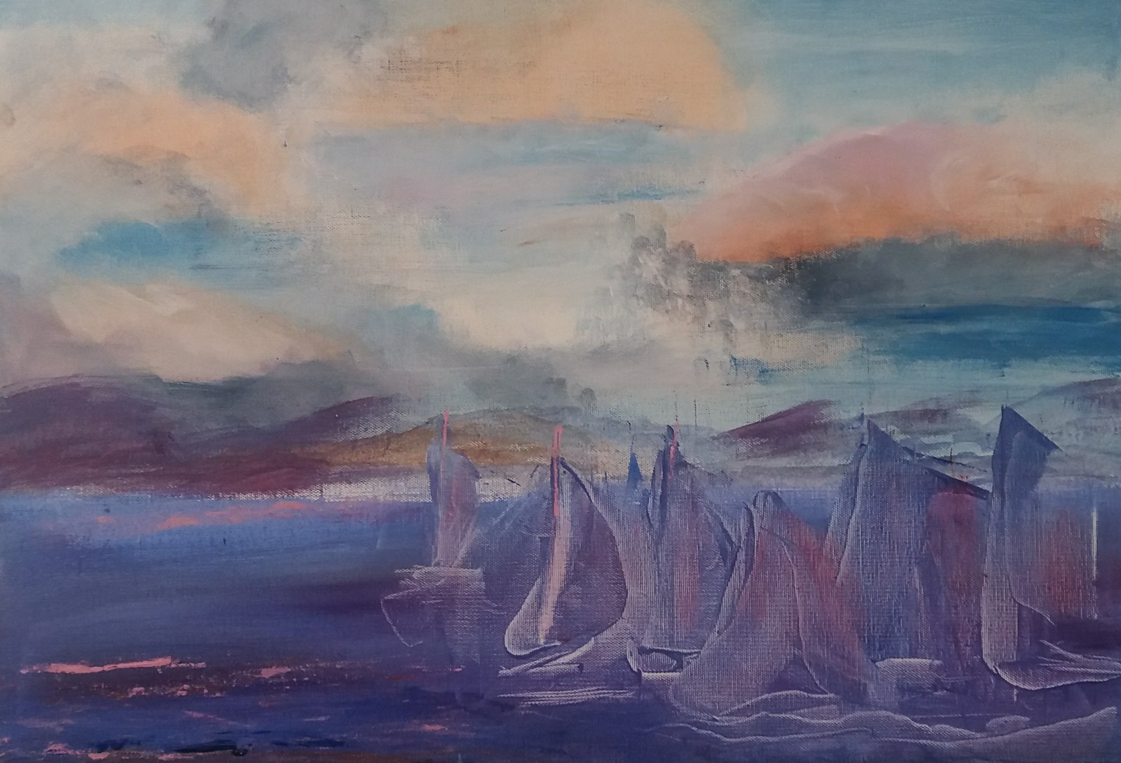 2.	Supernatural 2016 acrylic on canvas 45 x 61 cm. A moody landscape. Abstract yachts under a stormy sky.